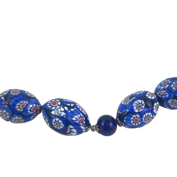 Vintage Blue Italian Millifore Bead Necklace With Floral Accents & Gold Clasp - Picture 2 of 11